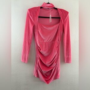 Trendy & Unique pink velvet long-sleeve mini dress ruched bodycon mock neckline
